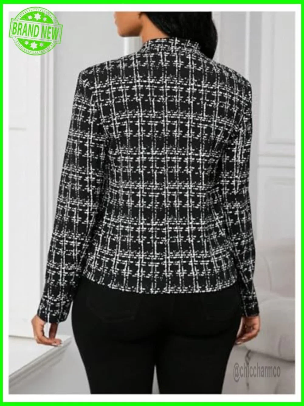 Elegant Tweed Blazer Open Front Long Sleeve Work Suit Jacket